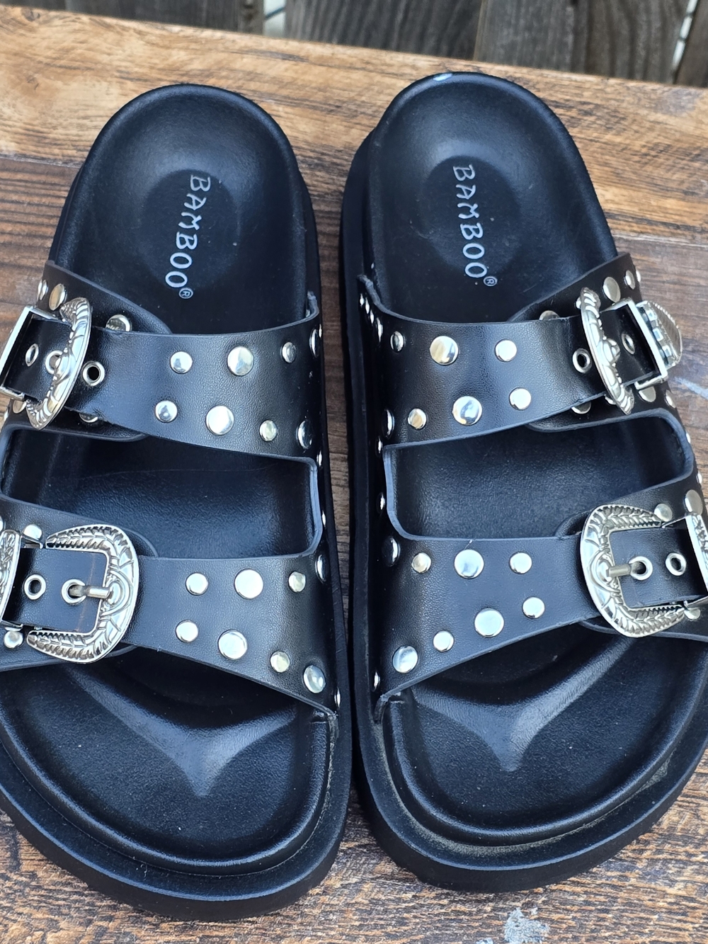 Bamboo Black Studded Buckle Slide Sandals Size 6